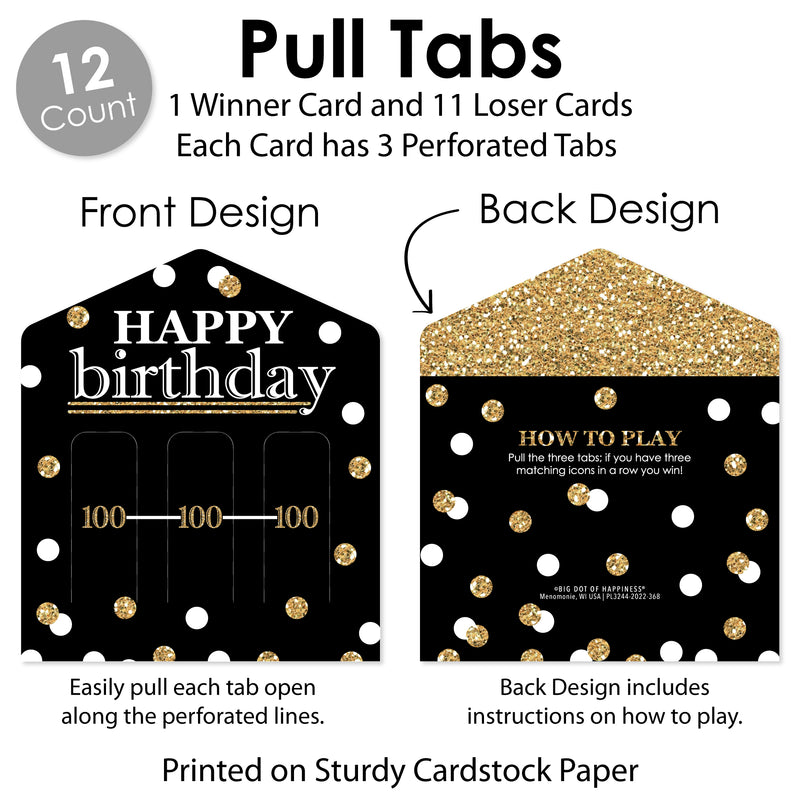 Adult 100th Birthday - Gold - Birthday Party Game Pickle Cards - Pull Tabs 3-in-a-Row - Set of 12