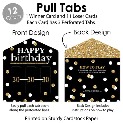Adult 30th Birthday - Gold - Birthday Party Game Pickle Cards - Pull Tabs 3-in-a-Row - Set of 12