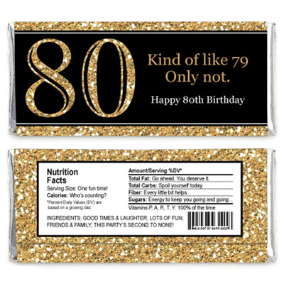 Adult 80th Birthday - Gold - Candy Bar Wrappers Birthday Party Favors - Set of 24