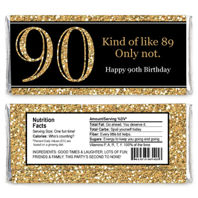 Adult 90th Birthday - Gold - Candy Bar Wrappers Birthday Party Favors - Set of 24