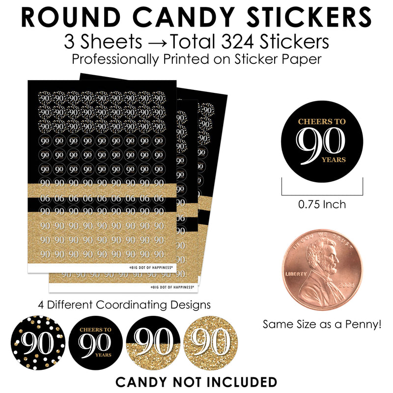 Adult 90th Birthday - Gold - Birthday Party Small Round Candy Stickers - Party Favor Labels - 324 Count