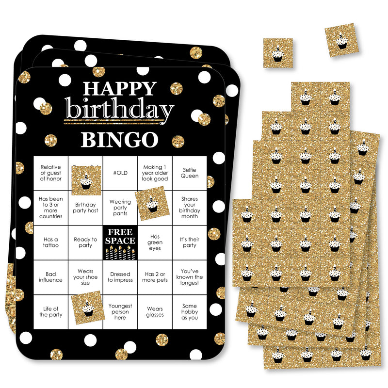 Adult Happy Birthday - Gold - Find the Guest Bingo Cards and Markers - Birthday Party Bingo Game - Set of 18