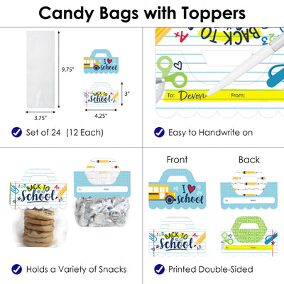Back to School - DIY First Day of School Classroom Clear Goodie Favor Bag Labels - Candy Bags with Toppers - Set of 24