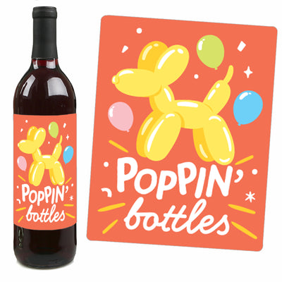 Balloon Animals - Happy Birthday Party Decorations for Women and Men - Wine Bottle Label Stickers - Set of 4