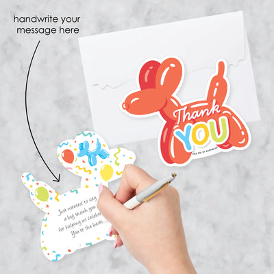 Balloon Animals - Shaped Thank You Cards - Happy Birthday Party Thank You Note Cards with Envelopes - Set of 12