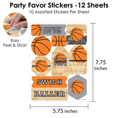 Nothin’ but Net - Basketball - Baby Shower or Birthday Party Favor Sticker Set - 12 Sheets - 120 Stickers