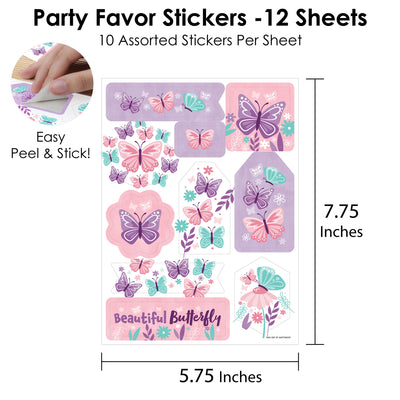 Beautiful Butterfly - Floral Baby Shower or Birthday Party Favor Sticker Set - 12 Sheets - 120 Stickers
