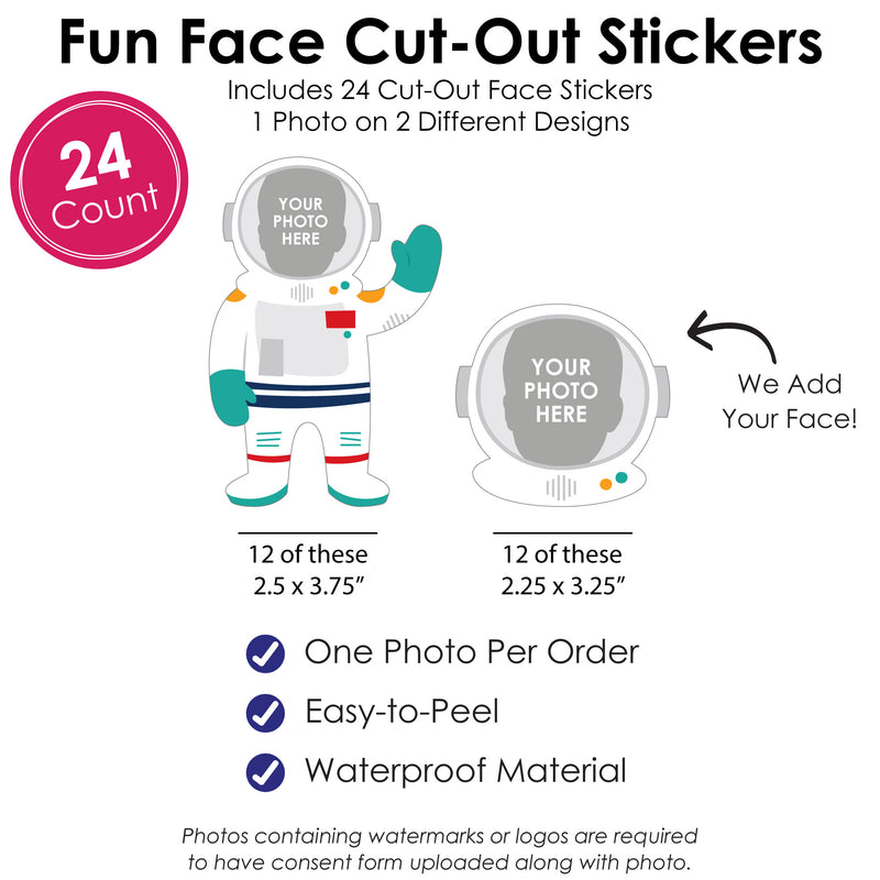 Custom Photo Blast Off to Outer Space - Rocket Ship Birthday Party Favors - Fun Face Cut-Out Stickers - Set of 24