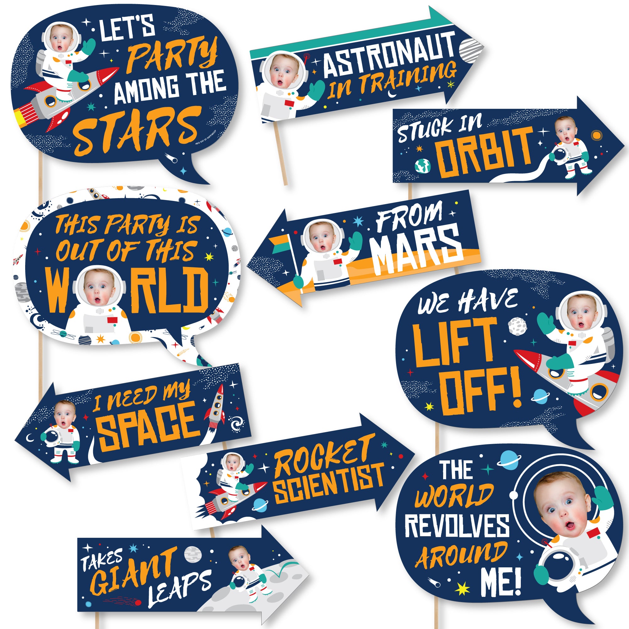 Custom Photo Funny Blast Off to Outer Space - Rocket Ship Birthday Party Fun Face Photo Booth Props Kit - 10 Piece | BigDotOfHappiness.com – Big Dot of Happiness LLC for Free Outer Space Party Printables