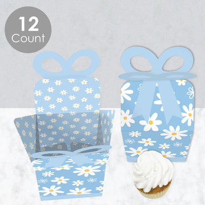 Blue Daisy Flowers - Square Favor Gift Boxes - Floral Party Bow Boxes - Set of 12