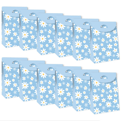 Blue Daisy Flowers - Floral Gift Favor Bags - Party Goodie Boxes - Set of 12