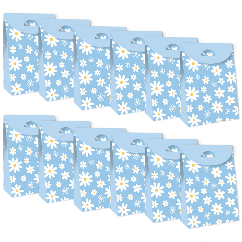 Blue Daisy Flowers - Floral Gift Favor Bags - Party Goodie Boxes - Set of 12