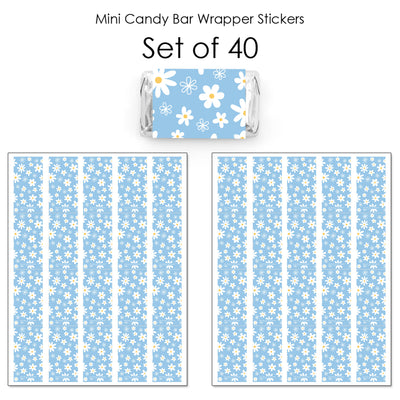 Blue Daisy Flowers - Mini Candy Bar Wrapper Stickers - Floral Party Small Favors - 40 Count