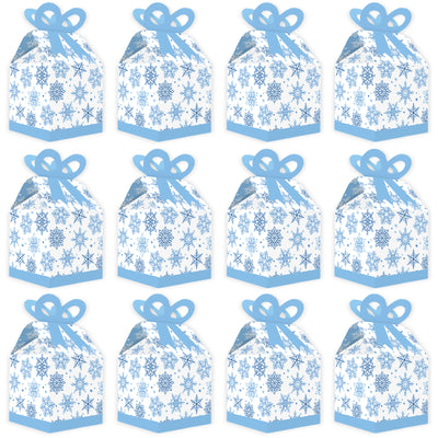 Blue Snowflakes - Square Favor Gift Boxes - Winter Holiday Party Bow Boxes - Set of 12