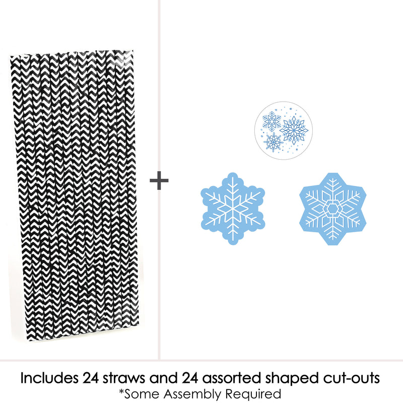 Blue Snowflakes - Paper Straw Decor - Winter Holiday Party Striped Decorative Straws - Set of 24
