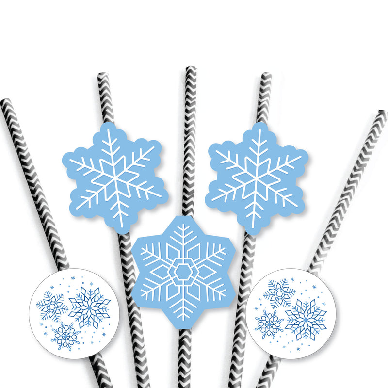 Blue Snowflakes - Paper Straw Decor - Winter Holiday Party Striped Decorative Straws - Set of 24