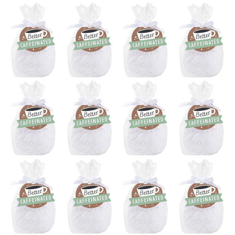 But First, Coffee - Cafe Themed Party Clear Goodie Favor Bags - Treat Bags With Tags - Set of 12