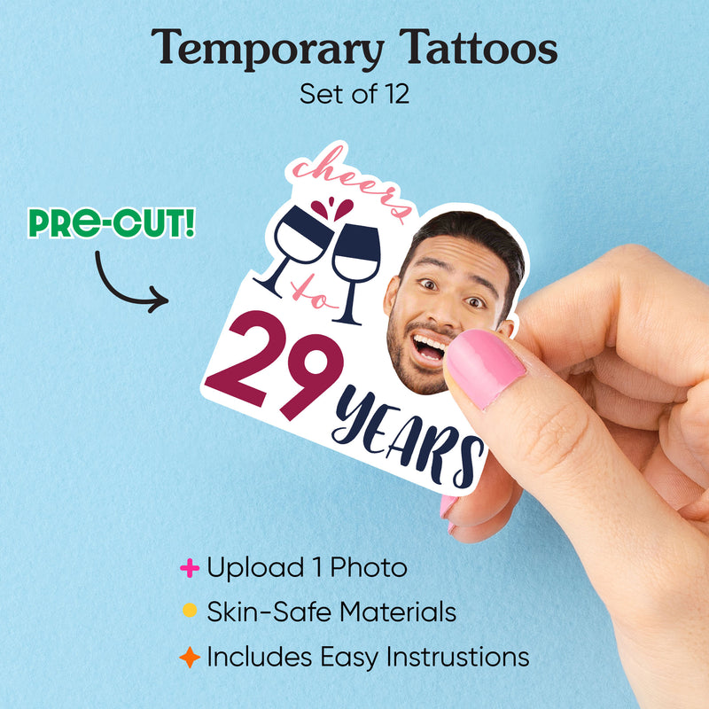 Custom Photo But First, Wine - Birthday Party Favors - Fun Face Temporary Tattoos - Set of 12