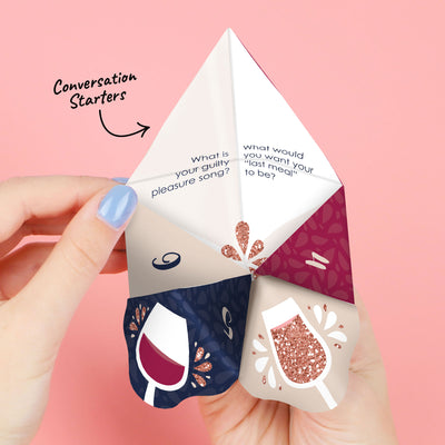 But First, Wine - Wine Tasting Party Cootie Catcher Game - Conversation Starter Fortune Tellers - Set of 12