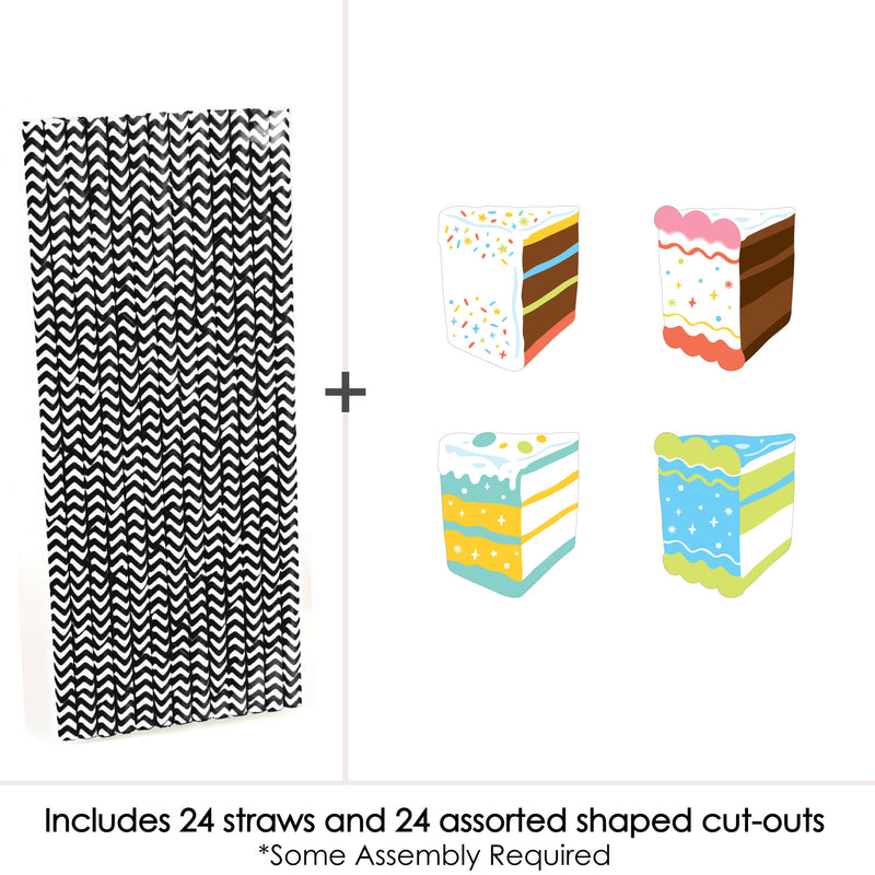 Cake Time - Paper Straw Decor - Happy Birthday Party Striped Decorative Straws - Set of 24