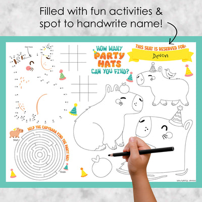 Capy Birthday - Paper Capybara Party Coloring Sheets - Activity Placemats - Set of 16
