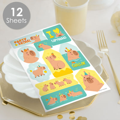 Capy Birthday - Capybara Party Favor Sticker Set - 12 Sheets - 120 Stickers