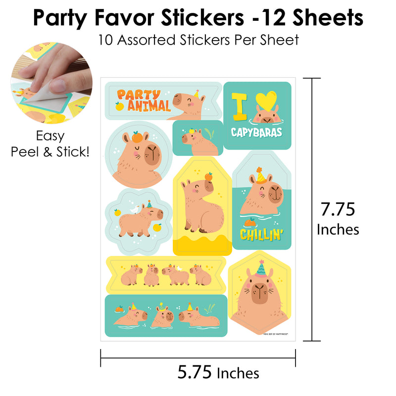 Capy Birthday - Capybara Party Favor Sticker Set - 12 Sheets - 120 Stickers