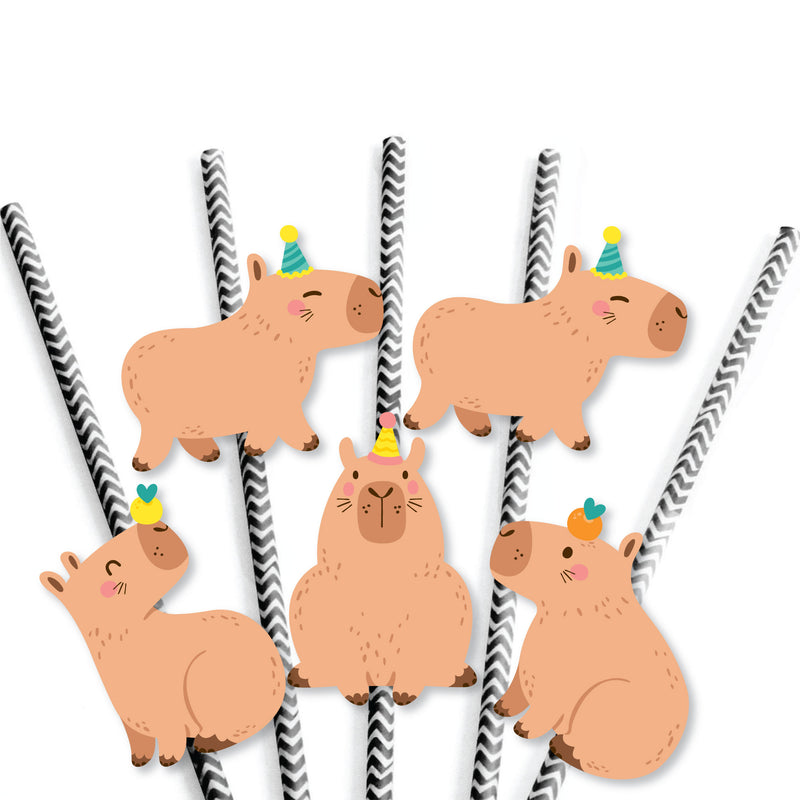 Capy Birthday - Paper Straw Decor - Capybara Party Striped Decorative Straws - Set of 24
