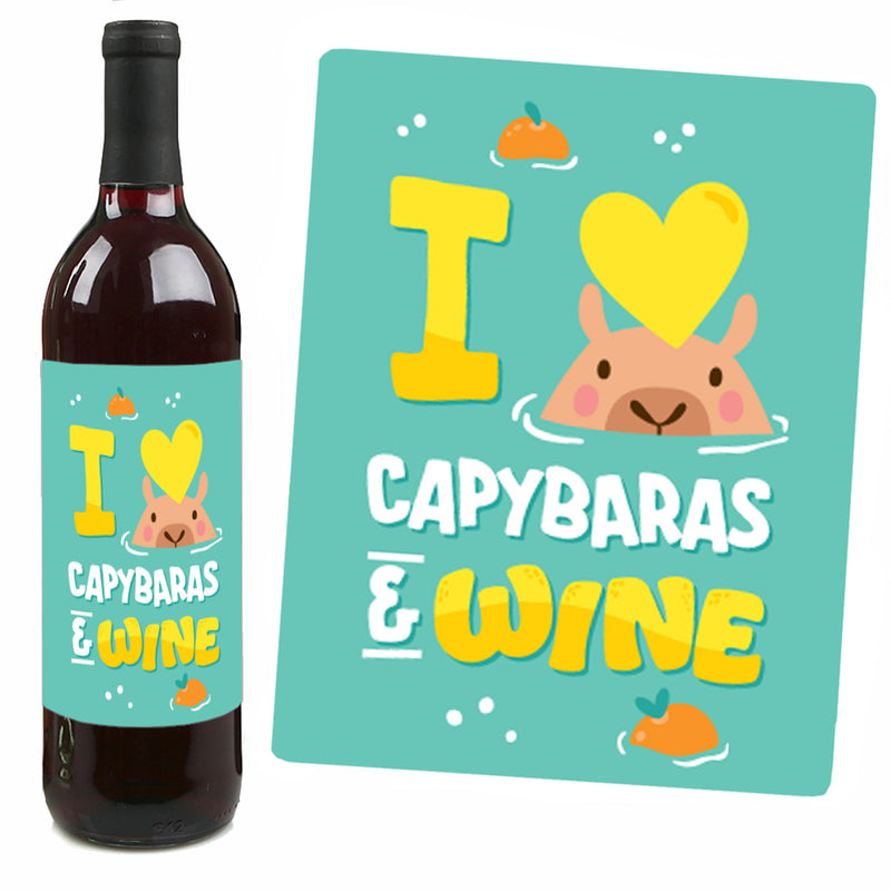 Capy Birthday - Capybara Party Decorations for Women and Men - Wine Bottle Label Stickers - Set of 4