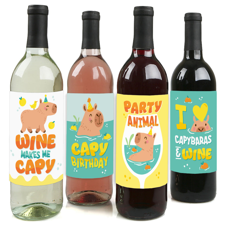 Capy Birthday - Capybara Party Decorations for Women and Men - Wine Bottle Label Stickers - Set of 4