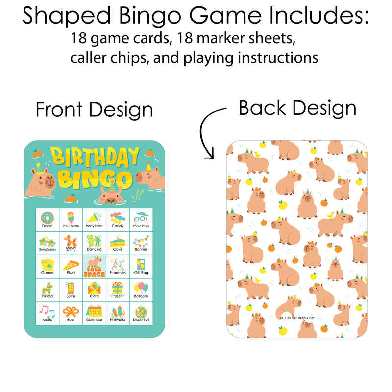 Capy Birthday - Picture Bingo Cards and Markers - Capybara Party Bingo Game - Set of 18