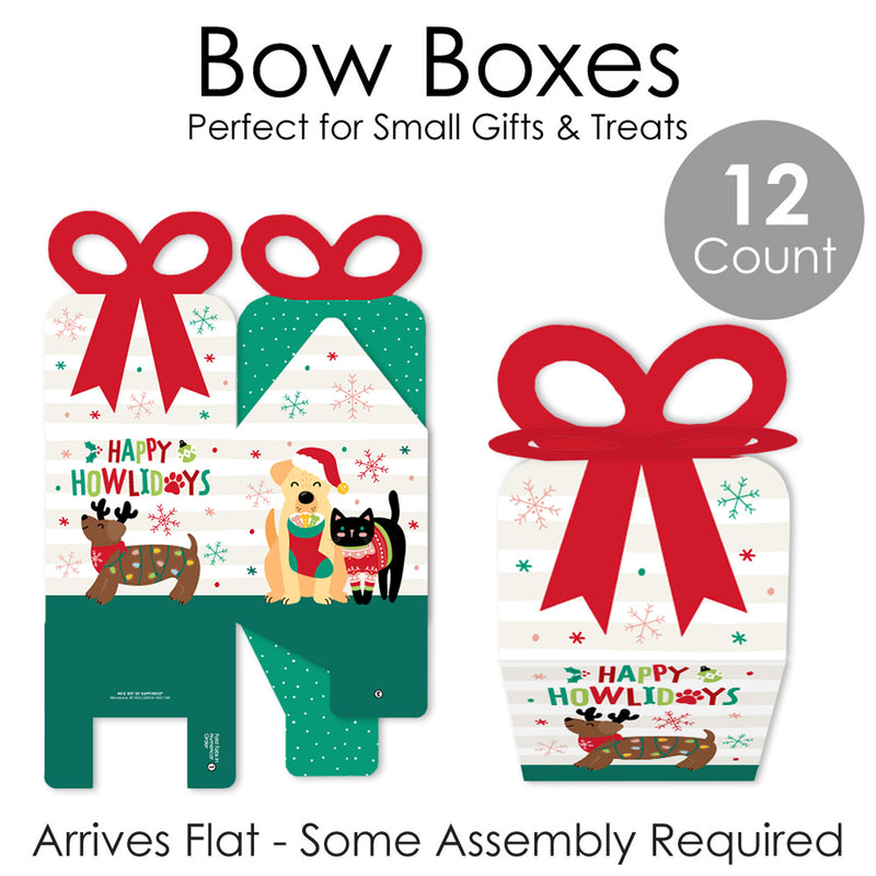 Christmas Pets - Square Favor Gift Boxes - Cats and Dogs Holiday Party Bow Boxes - Set of 12