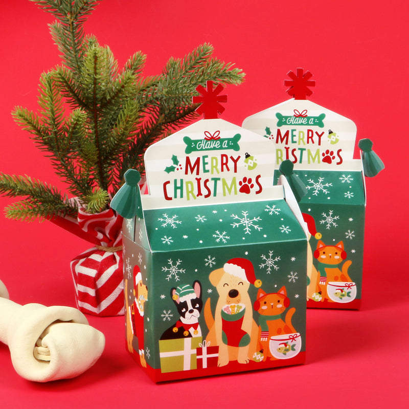 Christmas Pets - Treat Box Party Favors - Cats and Dogs Holiday Party Goodie Gable Boxes - Set of 12