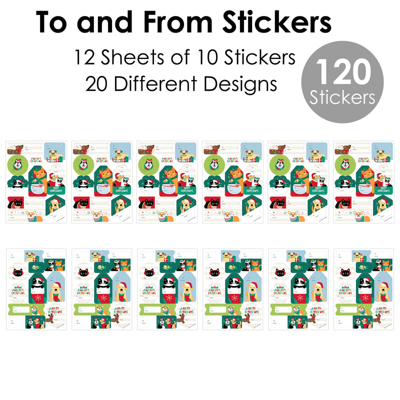 Christmas Pets - Assorted Cats and Dogs Holiday Party Gift Tag Labels - To and From Stickers - 12 Sheets - 120 Stickers