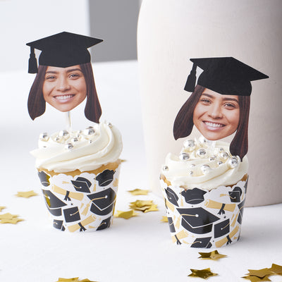 Grad Cap Fun Face Cutout Dessert Cupcake Toppers - Custom Graduation Photo Head Cut Out Clear Treat Picks - Upload 1 Photo - Set of 24