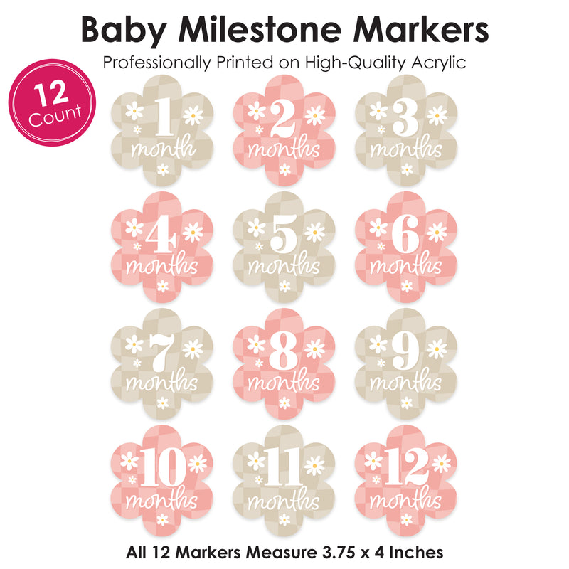 Checkered Daisy Flowers - Retro Boho Floral Baby Monthly Cards - Shaped Acrylic Milestone Markers - Set of 12