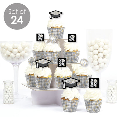 Disco Grad - Cupcake Decoration - 2024 Groovy Graduation Party Cupcake Wrappers and Treat Picks Kit - Set of 24