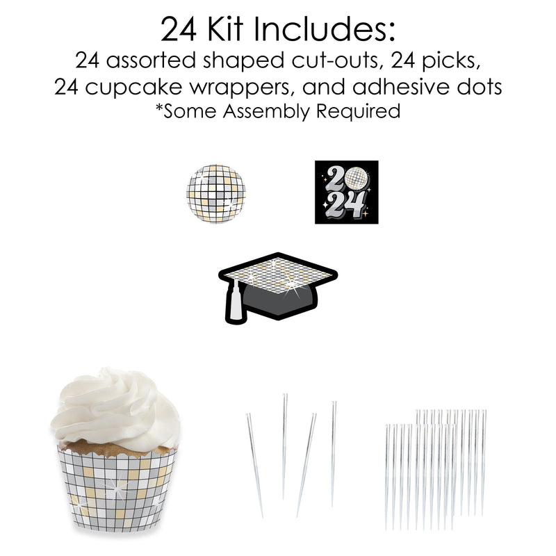 Disco Grad - Cupcake Decoration - 2024 Groovy Graduation Party Cupcake Wrappers and Treat Picks Kit - Set of 24