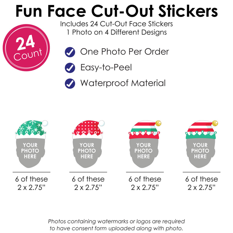 Custom Photo Elf Squad - Kids Elf Christmas and Birthday Party Favors - Fun Face Cut-Out Stickers - Set of 24