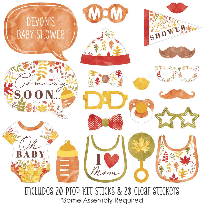 Fall Foliage Baby - Personalized Autumn Leaves Baby Shower Photo Booth Props Kit - 20 Count