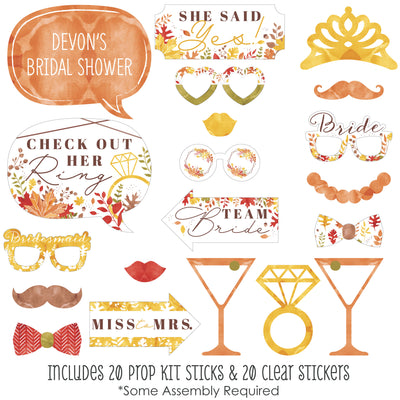 Fall Foliage Bride - Personalized Autumn Leaves Bridal Shower and Wedding Party Photo Booth Props Kit - 20 Count