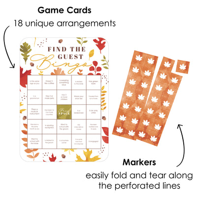 Fall Foliage Bride - Find the Guest Bingo Cards and Markers - Autumn Leaves Bridal Shower and Wedding Party Bingo Game - Set of 18