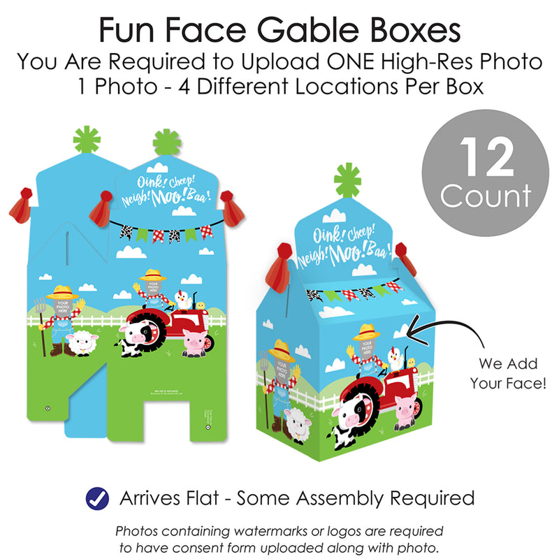 Custom Photo Farm Animals - Barnyard Birthday Treat Box Party Favors - Fun Face Goodie Gable Boxes - Set of 12