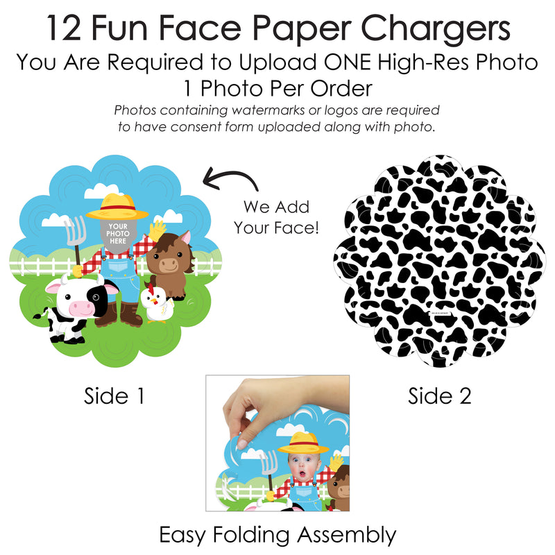 Custom Photo Farm Animals - Barnyard Birthday Party Round Table Decorations - Fun Face Paper Chargers - Place Setting For 12