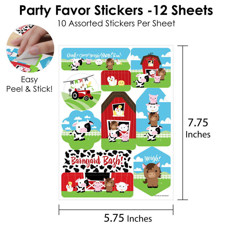 Farm Animals - Barnyard Baby Shower or Birthday Party Favor Sticker Set - 12 Sheets - 120 Stickers