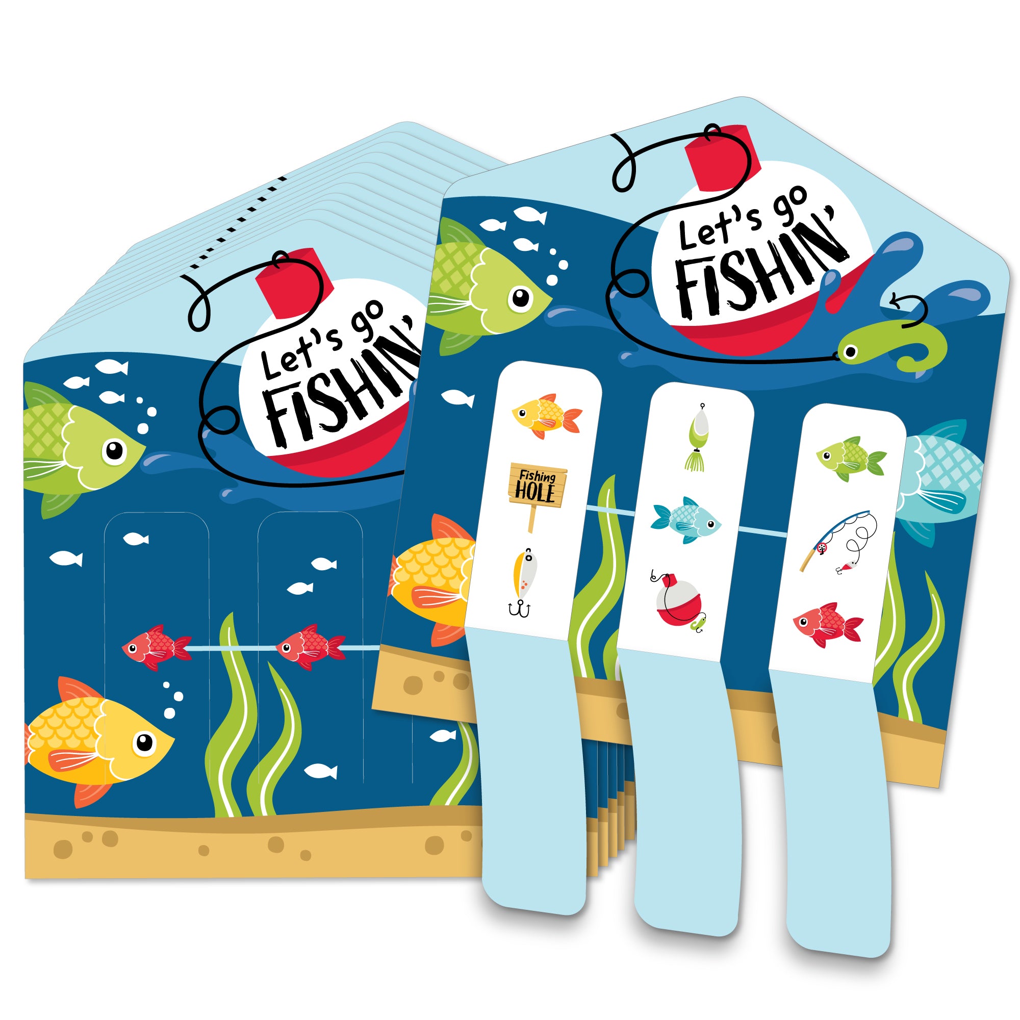 Big Dot of Happiness Let's Go Fishing - Fish Themed Birthday Party or Baby Shower Game Pickle Cards - Pull Tabs 3-in-a-Row - Set of 12, Blue