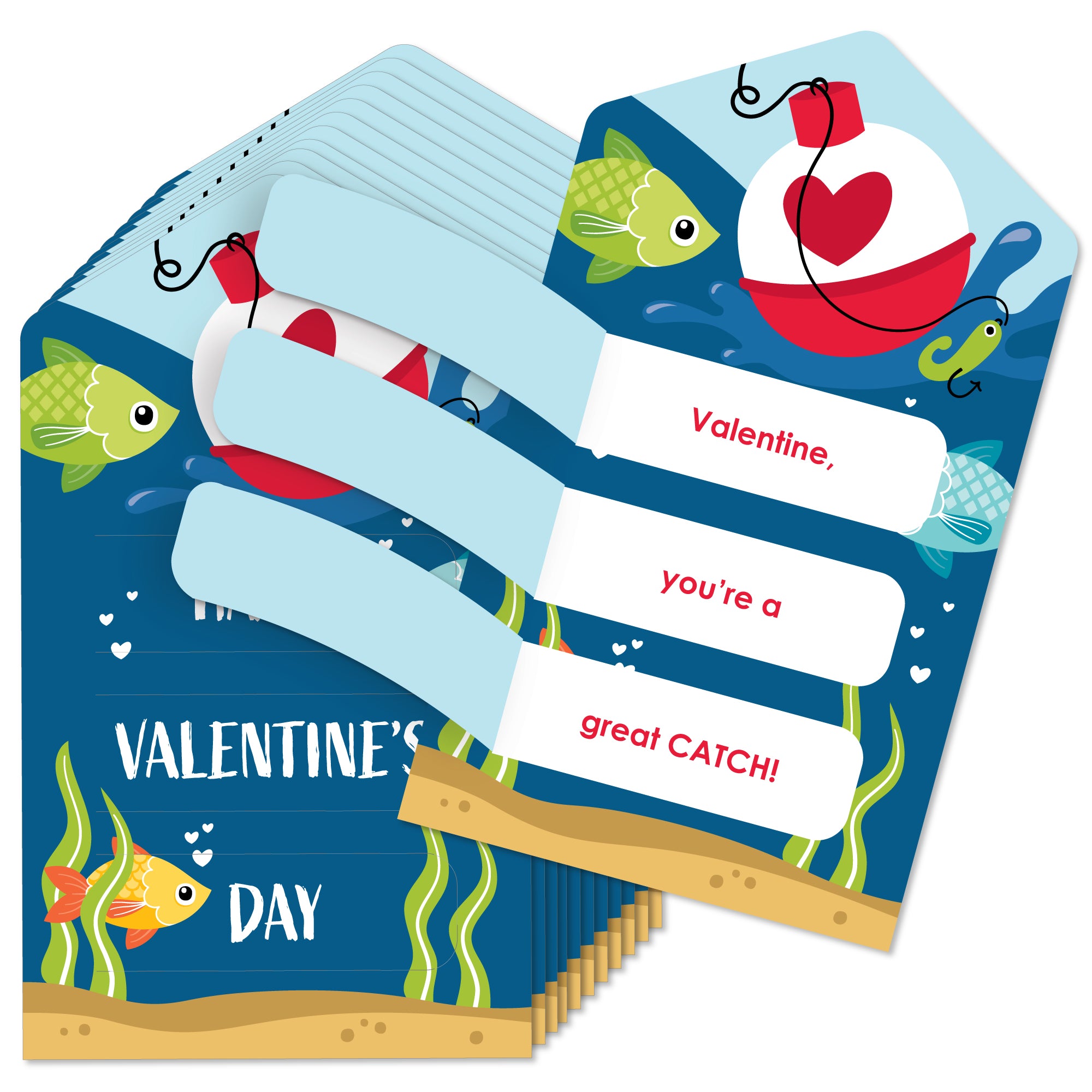 cute fish valentine cards with hook Big Dot of Happiness Let's Go Fishing - Fish Cards for Kids - Happy Valentine's Day Pull Tabs