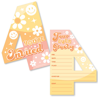 Four-Ever Groovy - Shaped Fill-In Invitations - Boho Hippie Fourth Birthday Party Invitation Cards with Envelopes - Set of 12
