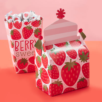 Berry Sweet Strawberry - Treat Box Party Favors - Fruit Themed Birthday Party or Baby Shower Goodie Gable Boxes - Set of 12