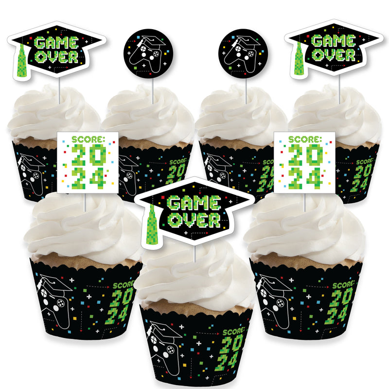 Game Over - Cupcake Decoration - Video Game Graduation Party Cupcake Wrappers and Treat Picks Kit - Set of 24